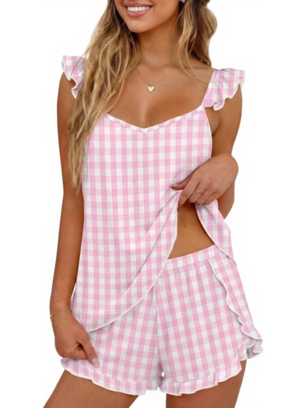 〽️Women's Outfit Set Gingham Pink Comfort Cami Top and Shorts 2 Piece Lounge Set